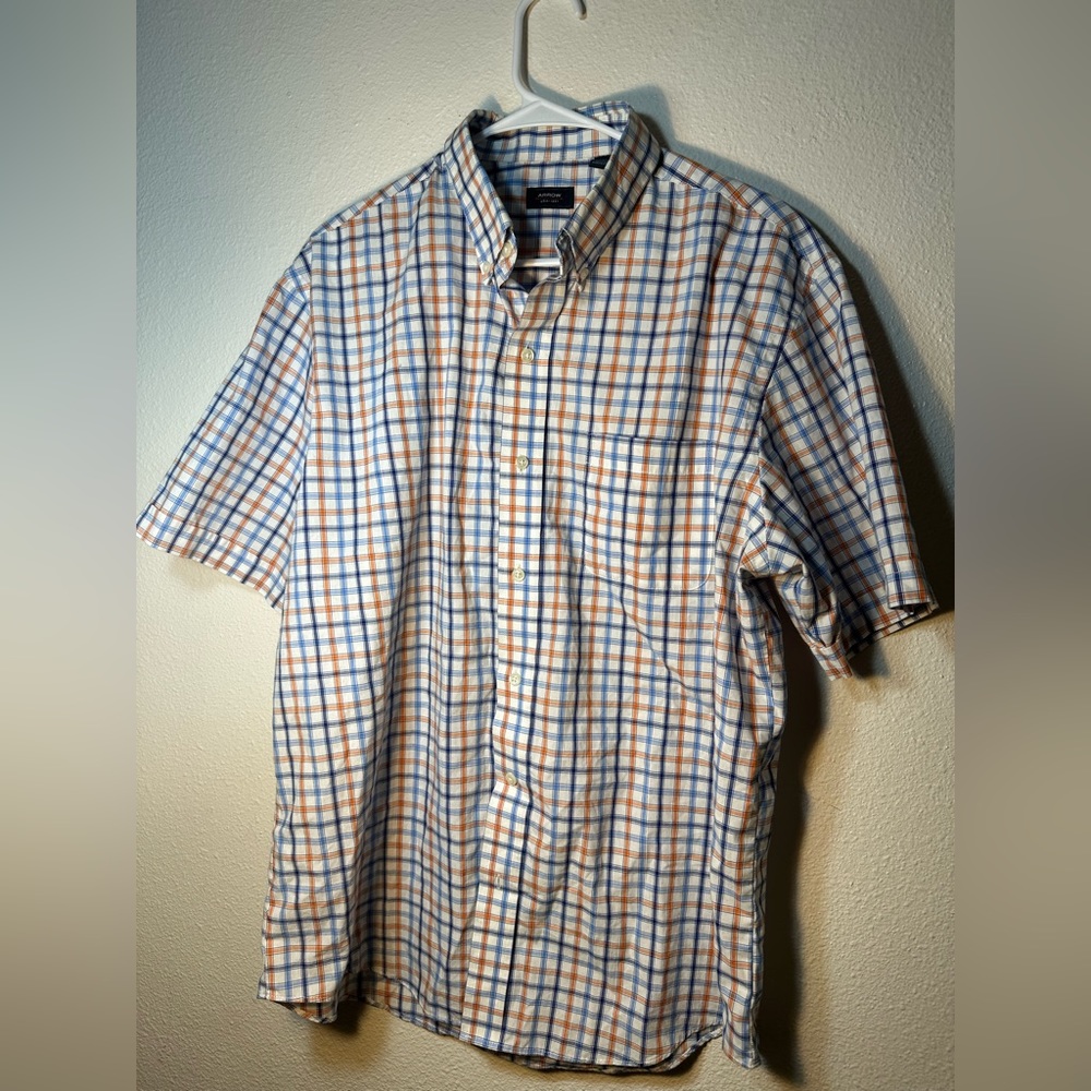 Arrows classic short sleeve button down shirt orange blue and white men size L